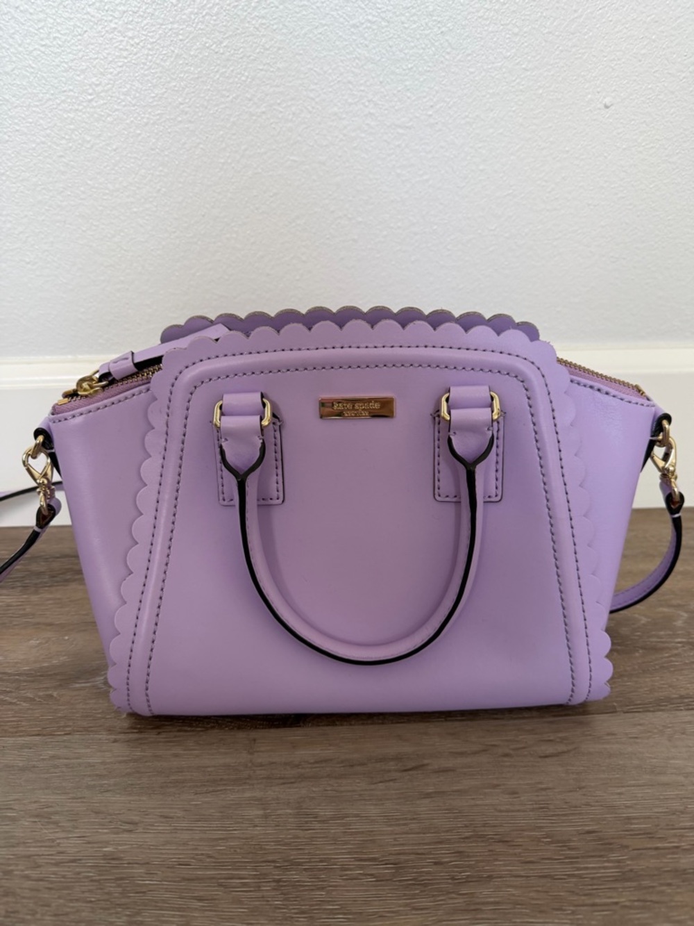 kate spade lavender scalloped leather satchel with gold hardware